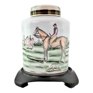 Gucci & Hermes Style Porcelain Ginger Jar - Horse Scenes With Original Wood Base - Equestrian Hand Painted - Signed Neiman Marcus For Sale