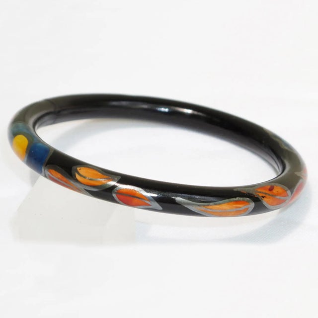Plastic Art Deco Black Celluloid Bracelet Bangle with Leaves Design For Sale - Image 7 of 7