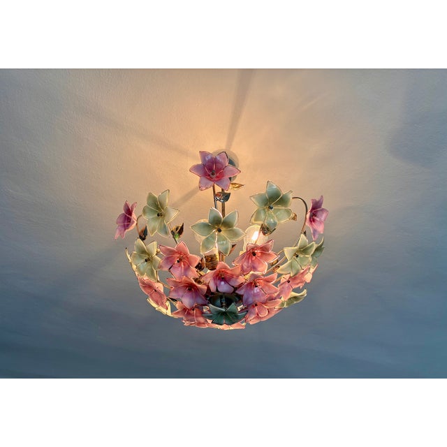 Vintage Italian Murano Style Botanical Flower Ceiling Light, Vintage Handblown Pink Green Glass Bouquet Chandelier, 5-Light Flush Mount For Sale - Image 16 of 17