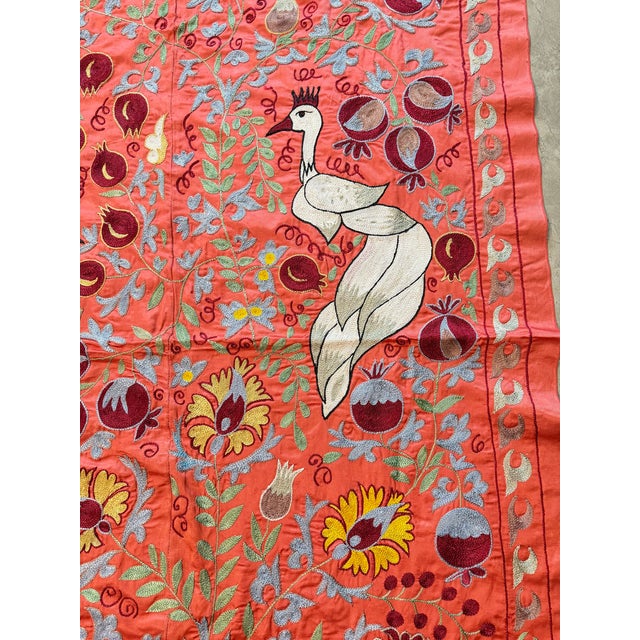 2010s Coral Silk Suzani Wall Hanging With White Peacocks For Sale - Image 5 of 10