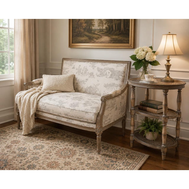 An elegant French-inspired settee featuring a beautifully distressed carved wood frame and classic neutral toile...