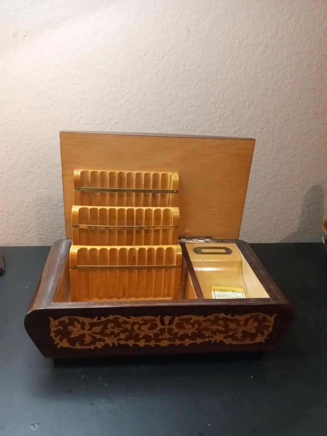 1940s Miners Wood Marquetry Cigarette Reuge Musical Box Made in Italy