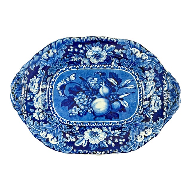 A dark cobalt blue on white earthenware transfer printed handled platter in the Fruits and Flowers pattern, Joseph Stubbs...
