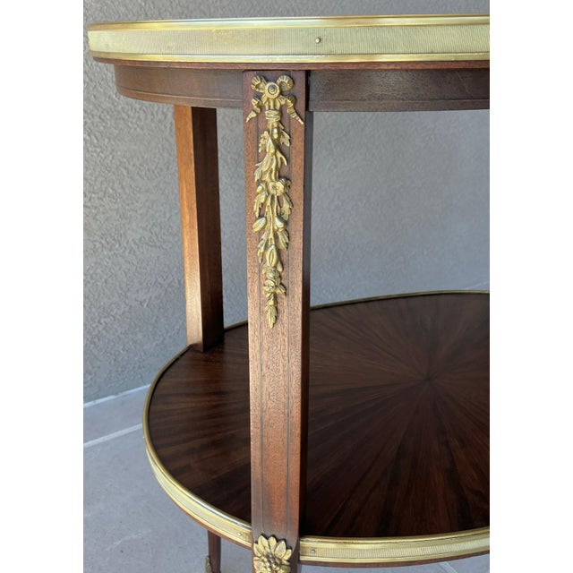 Circa 1930 Louis XVI-Style Mahogany Starburst Marquetry Two-Tier Oval Accent Table With Brass Mounts For Sale - Image 17 of 18