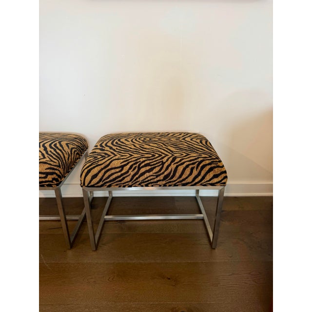 Ethan Allen Pair of Ethan Allen Black & Gold Tiger-Print Ottoman Stools For Sale - Image 4 of 9