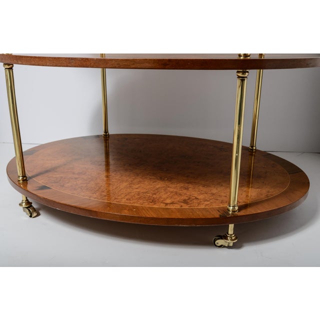 1940s Italian 3 Tier Oval End Table on Casters in Burl Wood & Brass For Sale - Image 5 of 14