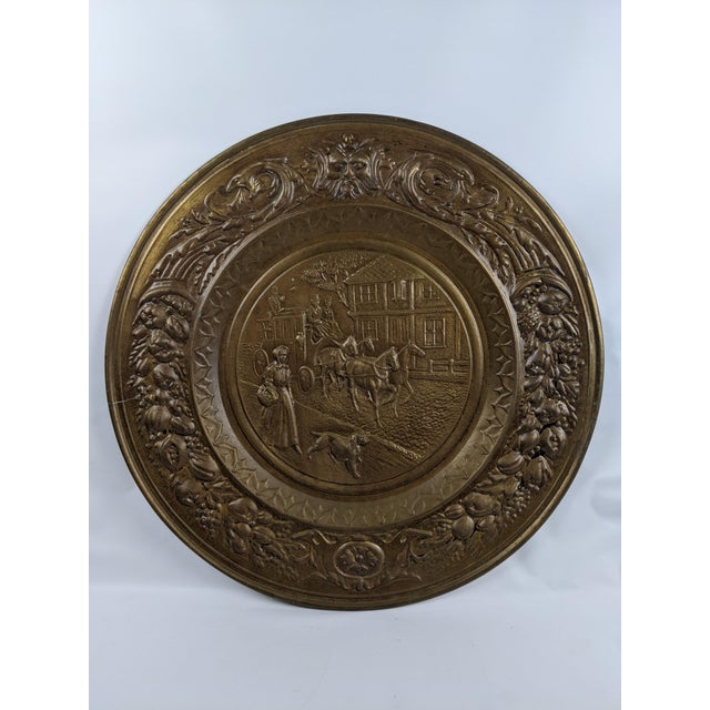 Vintage English Embossed Brass Wall Charger With Horse-Drawn Coach Scene, 23" For Sale - Image 9 of 15