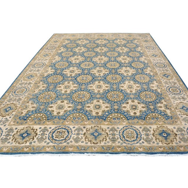 1990s Boho Chic Kafkaz Blue & Beige Wool Rug - 9'0 X 12'5 For Sale - Image 4 of 7