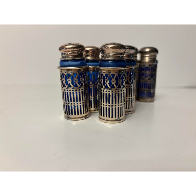 Mid 20th Century Mid 20th Century Collection of Vintage Cobalt Blue Glass Salt and Pepper Shakers With Silverplate Filigree For Sale - Image 5 of 11