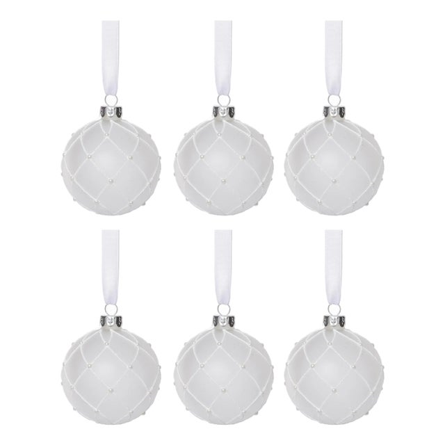 Frosted Ball Ornaments with White Glitter, Set of 6, 3.25" For Sale
