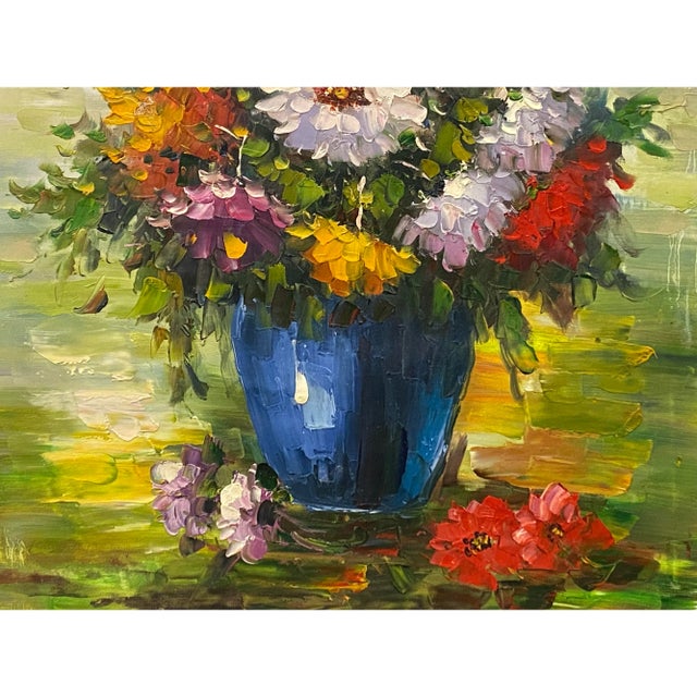 2010s Impasto Oil Paint Canvas Art Blossom Flowers Vase Scroll Painting For Sale - Image 5 of 6