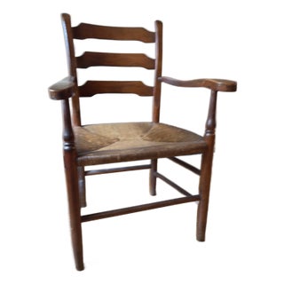 Antique Early 20th/Late 19th Century Shaker Style Ladder Back Armchair With Woven Rush Seat For Sale