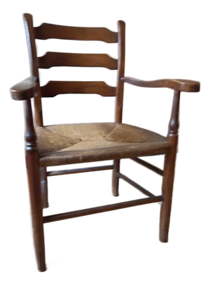 Antique Early 20th/Late 19th Century Shaker Style Ladder Back Armchair With Woven Rush Seat