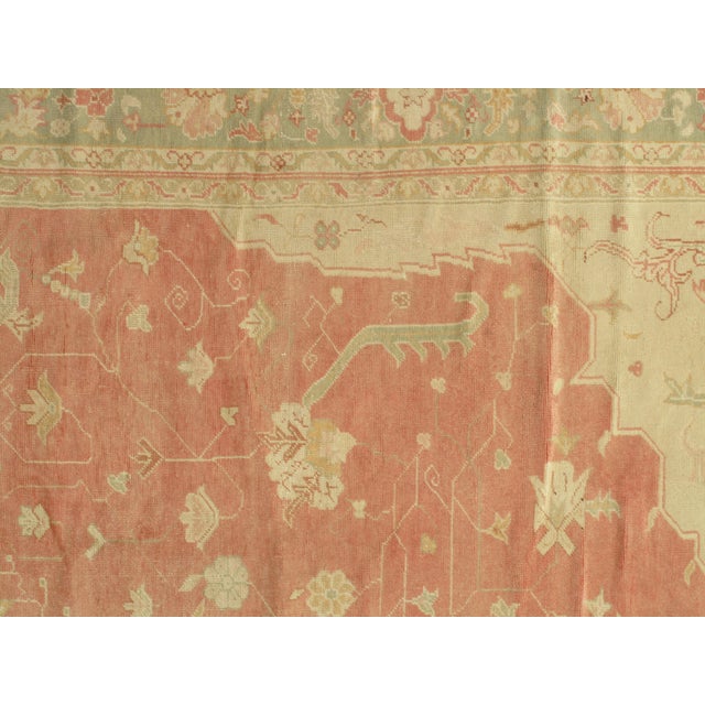 Turkish Antique Oushak Carpet, Oriental Rug, Handmade Ivory, Muted Coral, Soft Green For Sale - Image 3 of 18