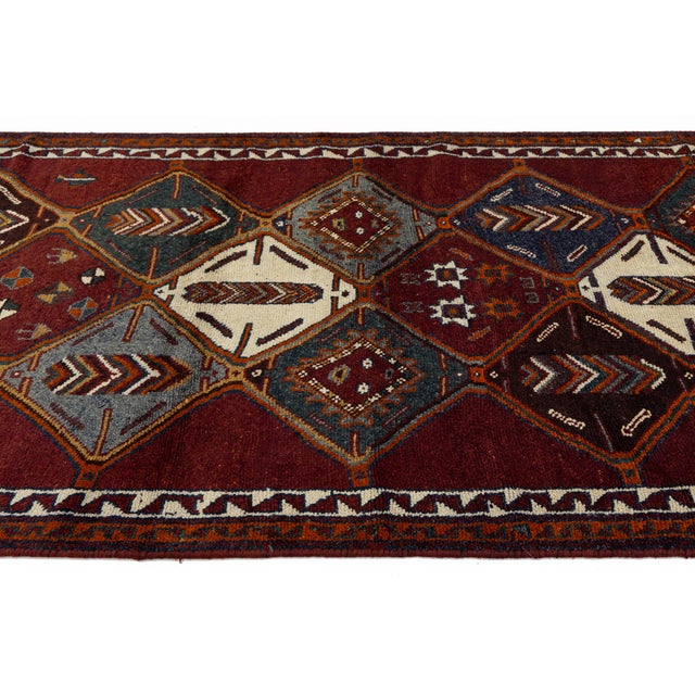 Cream Vintage Hand-Knotted Hamadan Long Runner Rug With Inscriptions & Tribal Geometric Diamonds For Sale - Image 8 of 9