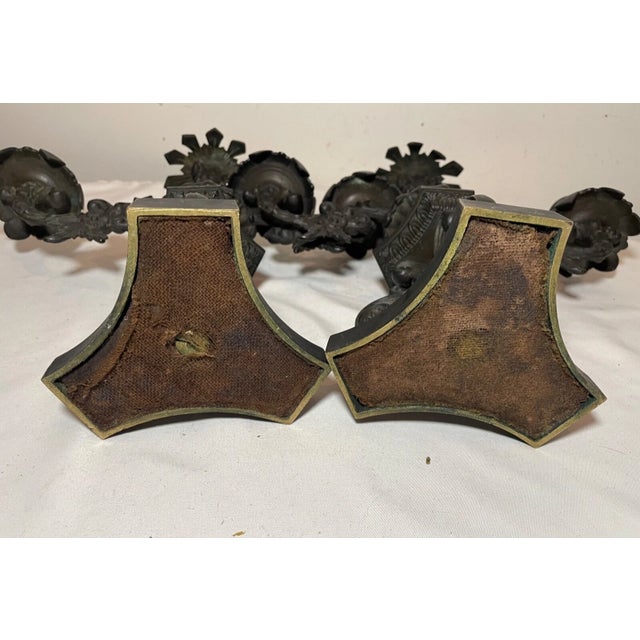 Pair of Antique 1800's Solid Patinated Bronze Candelabra Candle Holders Heavy For Sale - Image 10 of 10