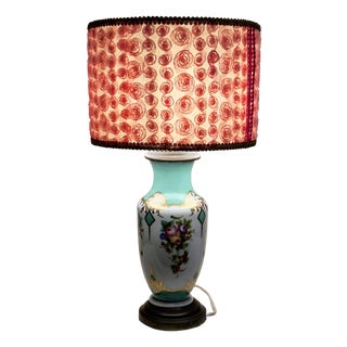 Mid-Century Table Lamp with Porcelain Base, Floral Motif and a Fabric Flower Shade, 1960s For Sale