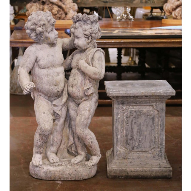 French Early 20th Century French Cast Stone Cherub Garden Sculpture on Pedestal For Sale - Image 3 of 14