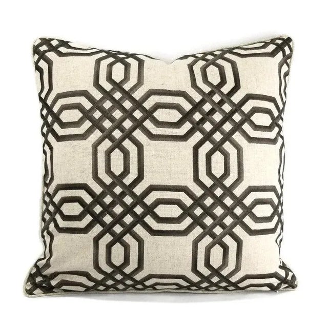 Textile Brown Embroidered Geometric Design on Linen and Self-Welt Pillow Cover - 20" X 20" For Sale - Image 7 of 7