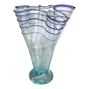 1970s Large Ruffled Crackle Applied Blue Ribbon Art Glass Vase