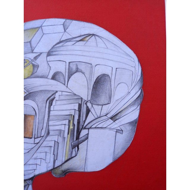 1990s 'Vanity Skull' Framed Original Italian Surrealist Imaginary Pencils Drawing Circa 1990 For Sale - Image 5 of 6