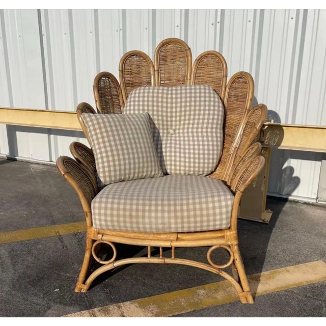 Boho Chic 1970s Rattan Woven Wicker Peacock Fan Back Lounge Chair For Sale - Image 3 of 12