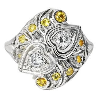 Late 19th Century Size 5.75 14K White Gold Filigree Yellow Diamond Hearts Heart Ring Band For Sale