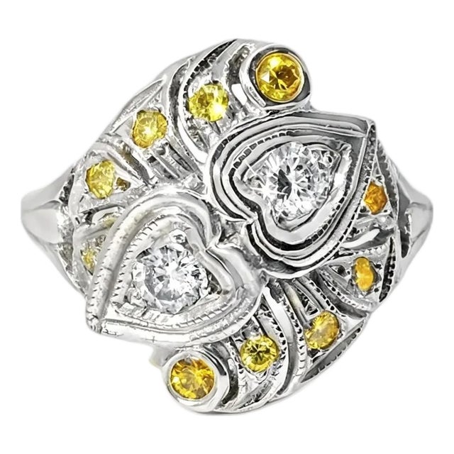 Late 19th Century Size 5.75 14K White Gold Filigree Yellow Diamond Hearts Heart Ring Band For Sale