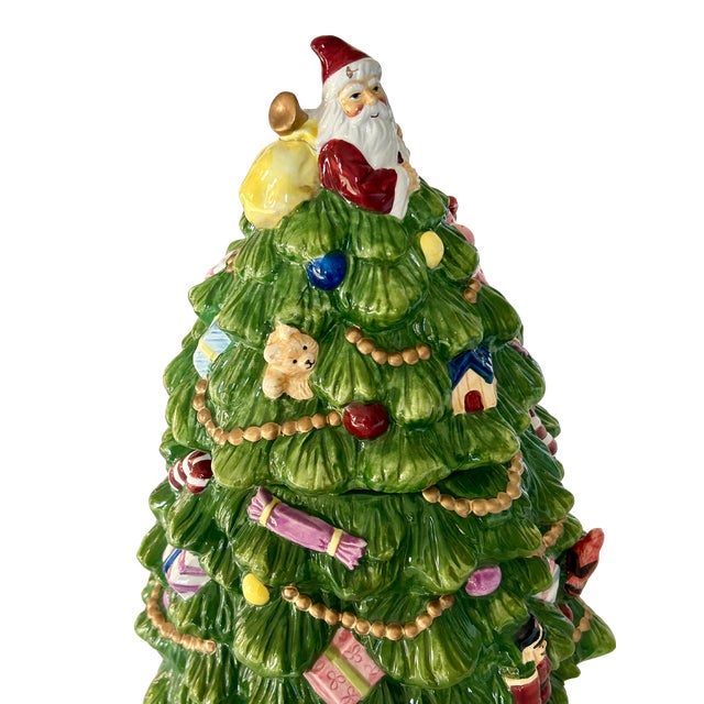 Ceramic Spode Christmas Tree Figural Cookie Jar – 13” Hand-Painted Ceramic Tree With Santa Topper | Iconic 1938 Spode Holiday Collection For Sale - Image 7 of 10