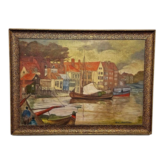 Circa Early 20th Century Nico Jungmann Art Nouveau Style Painting of Dutch Boats For Sale