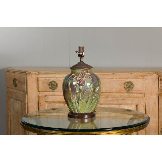 Green 1920s Green Pottery Table Lamp with Raised Floral Motif on Wooden Base, Wired For Sale - Image 8 of 12