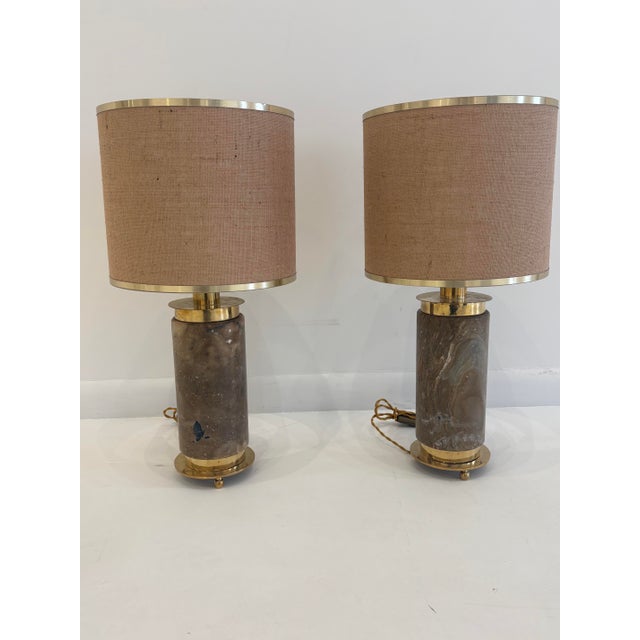 1970s 1970s Italian Mid-Century Brass and Marble Table Lamps - a Pair For Sale - Image 5 of 6
