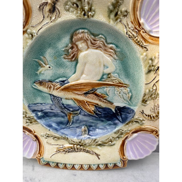 19th Century Square Majolica Mermaid Wall Plate For Sale - Image 4 of 5