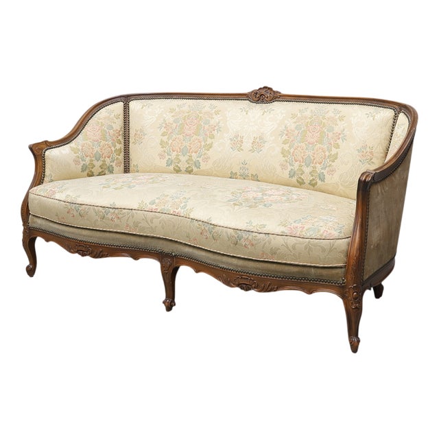 Rococo Style Three-Seater Sofa with Gilt Wooden Frame and Floral Brocade Upholstery, 1920s For Sale