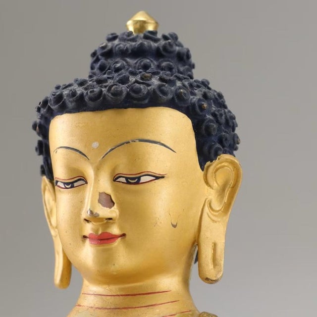Asian Antique Early 20th C. Nepalese 24k Gold Leaf Over Heavy Copper Meditating Shakyamuni Buddha For Sale - Image 3 of 9