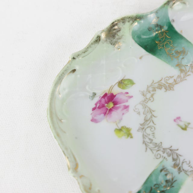 Antique Green and Gold Floral Porcelain Vanity Tray - Hand-Painted Oval Dish For Sale - Image 9 of 10