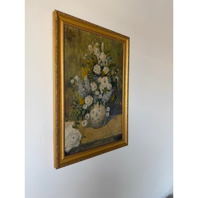 Beautiful 1980s vintage floral still life oil painting on board, depicting an abundant arrangement of white and soft blue...