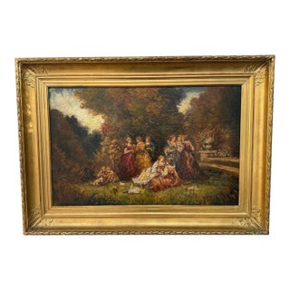 Romantic Ladies in a Lush Garden, Signed Oil Painting, 19th Century For Sale