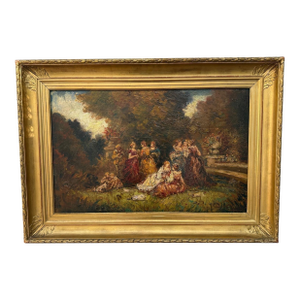 Romantic Ladies in a Lush Garden, Signed Oil Painting, 19th Century