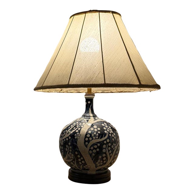 Mid 20th Century Porcelain Table Lamp With Original Linen Shade For Sale