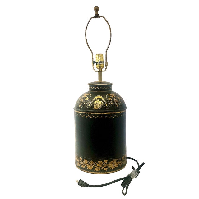 Metal Antique Tole Brown and Gilt Decorated Tea Canisters as 20th-Century Lamps - Pair For Sale - Image 7 of 13