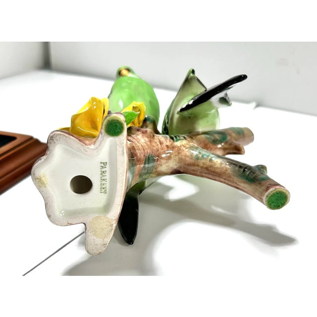 Mid Century Porcelain Parakeet Sculpture – Chinoiserie Bird Figurine on Wood Base For Sale - Image 10 of 12