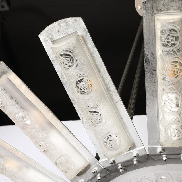 Art Deco Geometric Frosted Glass & Nickeled Starburst Chandelier Signed Degué For Sale - Image 9 of 18