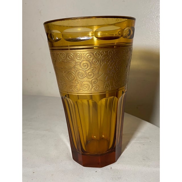 Moser Glassworks High Quality Antique Ornate Moser Karlsbad Orange Amber Brass Crystal Glass Vase For Sale - Image 4 of 14