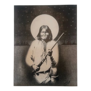 Vintage Original Signed “Native Warrior Under Moon”graphite Drawing For Sale