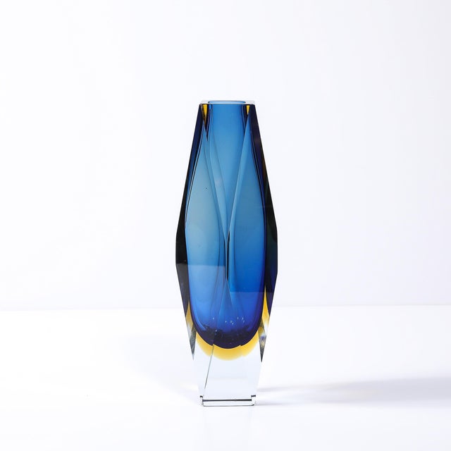 Mid-Century Modern Mid-Century Mandruzzato Faceted Murano Glass Vase in Citrine and Smoked Cerulean For Sale - Image 3 of 18
