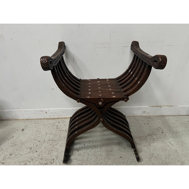 Antique Syrian Folding Armchair in Carved Wood with Inlay, 1800s For Sale - Image 10 of 13
