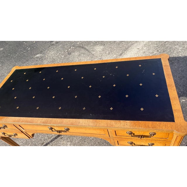 French Thomasville Louis XVI Desk on Wheels and Cane Chair Fleur Di Lis on Both 1965 For Sale - Image 3 of 6