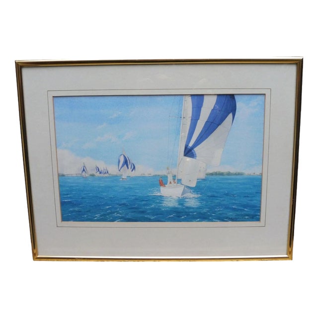 Carolyn Finch, Seascape Marine Yacht Racing, Mid Century, Watercolour Painting For Sale