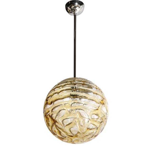 Mid-Century Modernist Smoked Amber Molten Banded Murano Glass Pendant Chandelier For Sale
